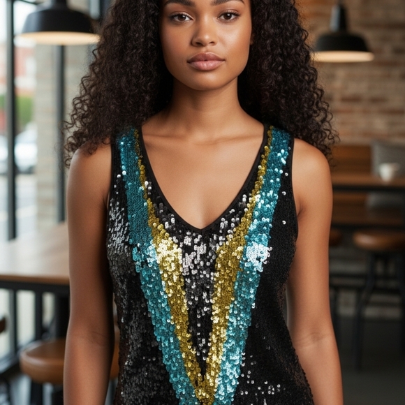 Rock Revival Dresses & Skirts - Rock Revival Sequin Dress with Blue and Gold V-Pattern